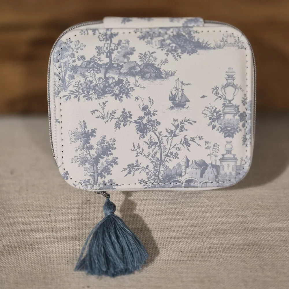 Blue White Toile Print Tassel Jewelry Box